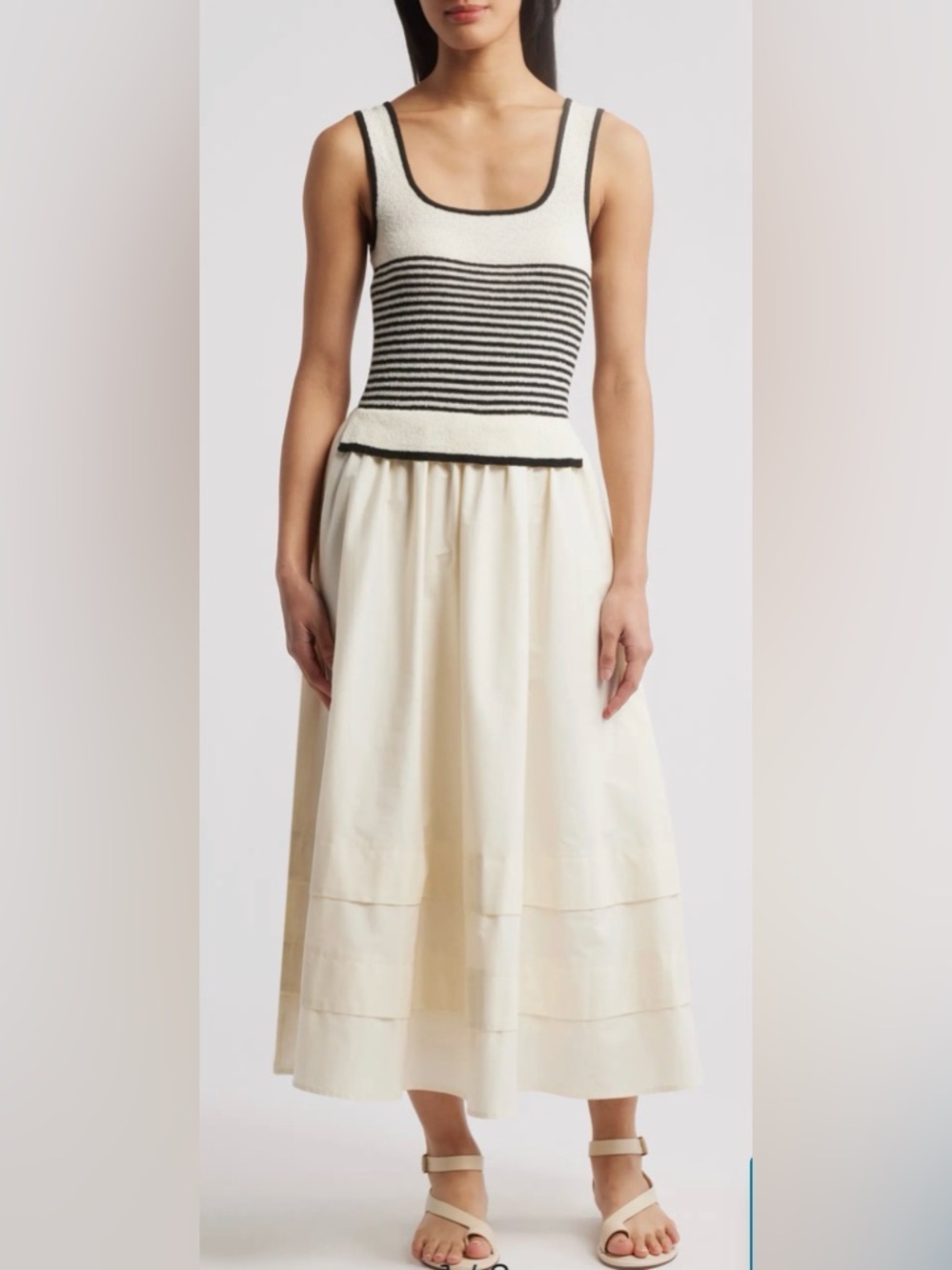 Moon River Cream Midi  Dress with Black Trim